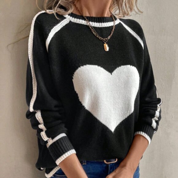 Black And White Casual Women's Round Neck Raglan Sleeve Heart Pattern Sweater